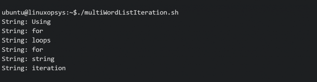 output of the script using nested loop to access each elements in a list of multi word